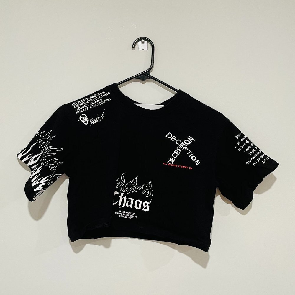 JK Attire Women's Black Short Sleeve Deception Print Crop Top Size XS